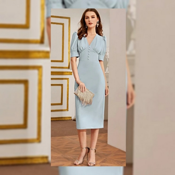 Moon Goddess Boutique Dresses & Skirts - Button Front Puff Sleeve Pencil Dress Blue Sz: XS
